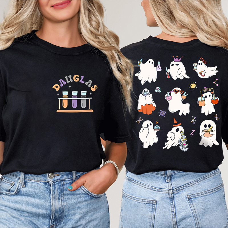 Personalized Name Ghost Science Teacher Two Sided T-Shirt