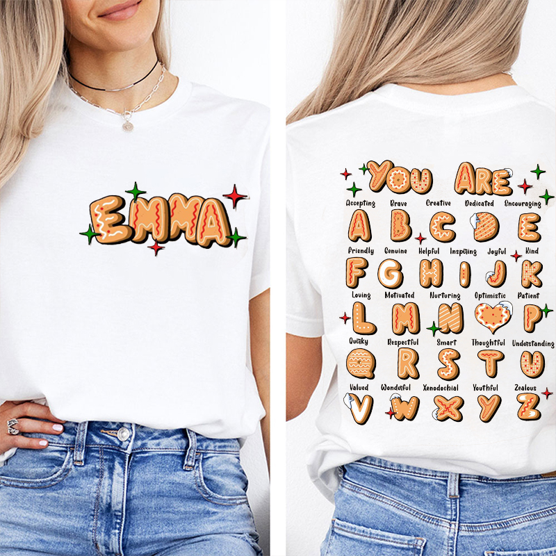 Personalized Name Gingerbread Letter Teacher Two Sided T-Shirt