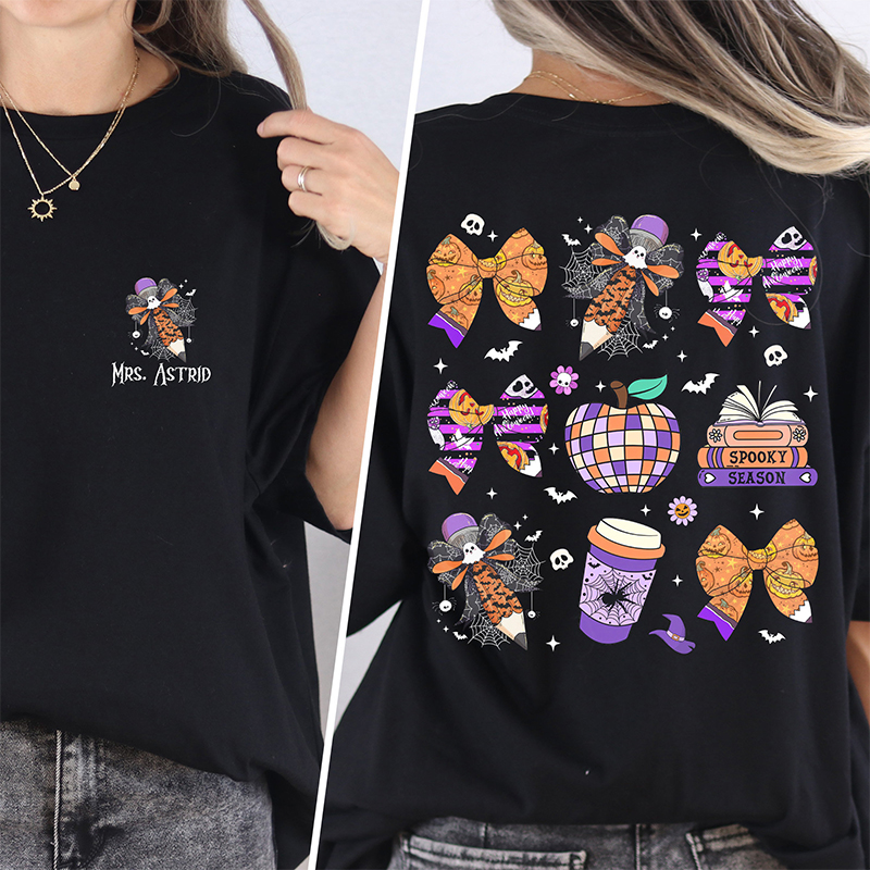 Personalized Name Halloween Pencil Bow Spider Web Teacher Two Sided T-Shirt