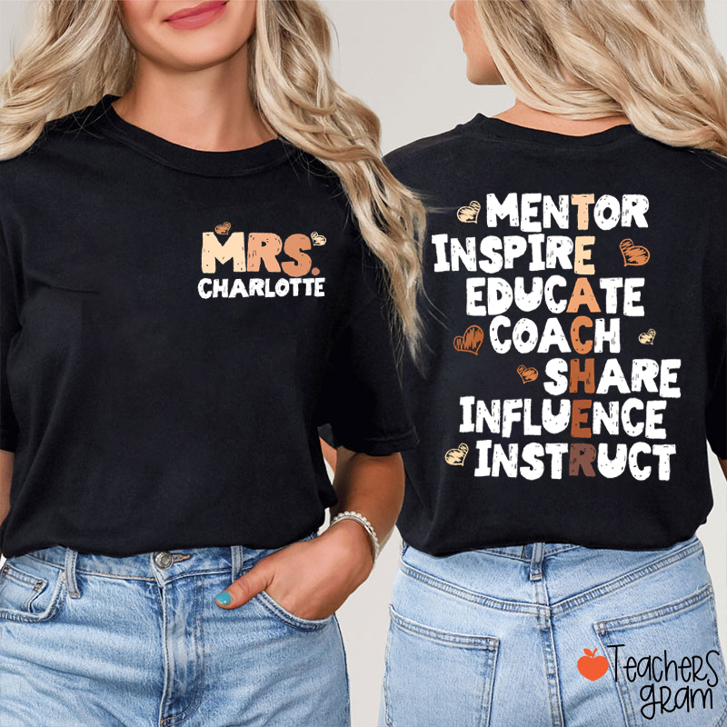 Personalized Name Mentor Inspire Educate Teacher Two Sided T-Shirt