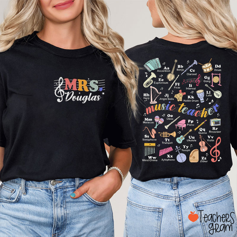 Personalized Name Musical Instruments Collection Teacher Two Sided T-Shirt