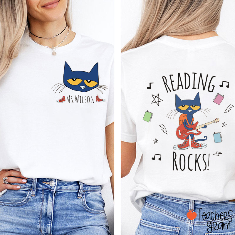 Personalized Name Reading Rocks Teacher Two Sided T-Shirt