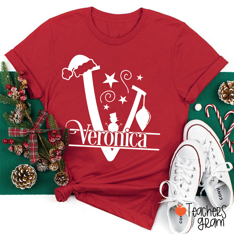 Personalized Name Santa Hat Snowman Teacher T-Shirt