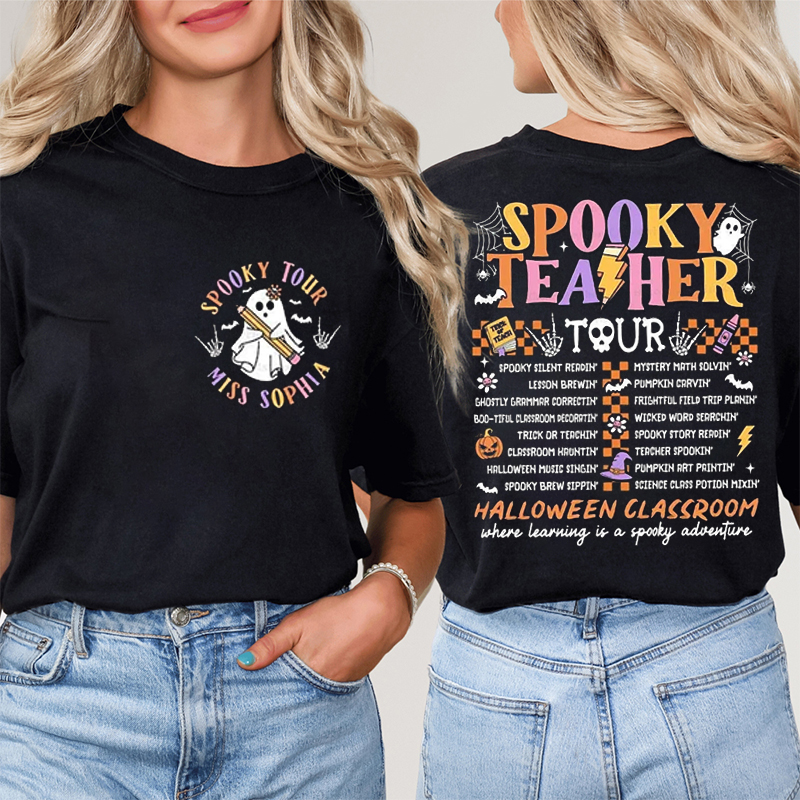 Personalized Name Spooky Teacher Tour Teacher Two Sided T-Shirt