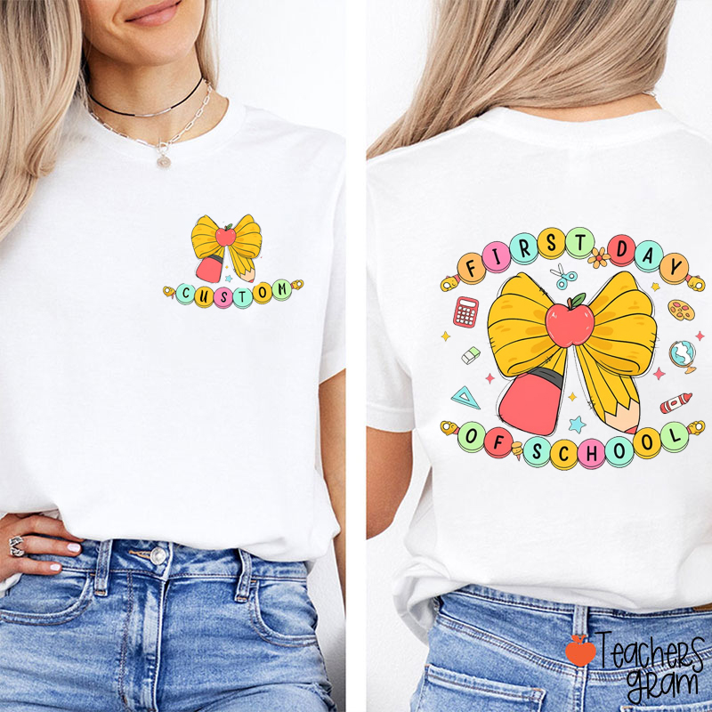 Personalized Apple Pencil Bow Beads First Day Of School Teacher Two Sided T-Shirt