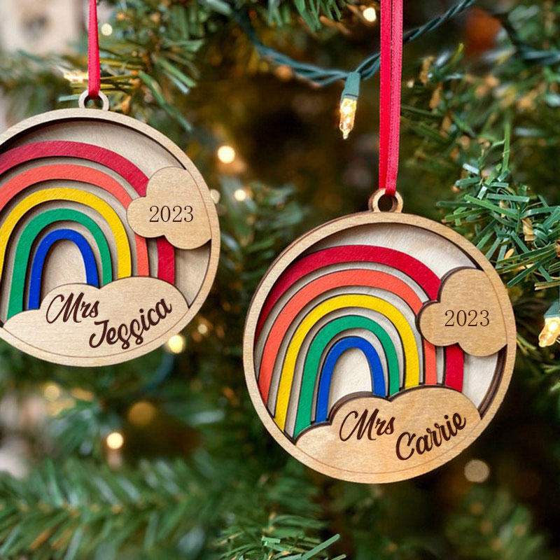 Personalized Christmas Rainbow Teacher Wooden Christmas Ornament