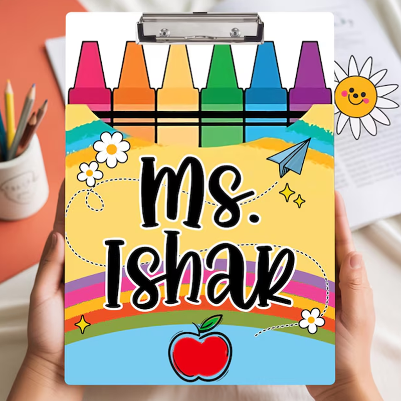 Personalized Crayons Paper Plane Rainbow Apple Teacher Clipboard