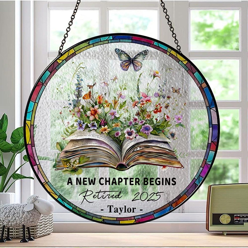 Personalized Floral Book A New Chapter Begins Retired Teacher Suncatcher