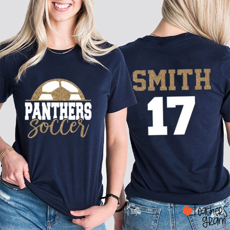 Personalized Glitter Soccer Bella Canvas Teacher Two Sided T-Shirt