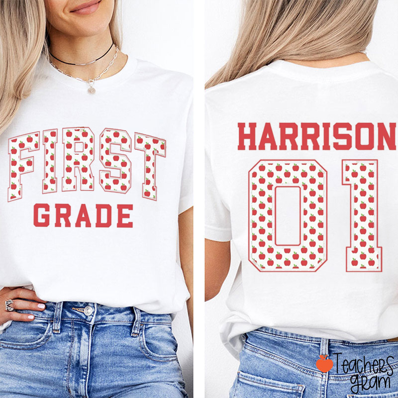 Personalized Grade And Name Apple Print Teacher Two Sided T-Shirt