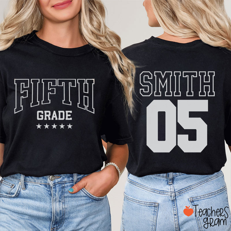 Personalized Grade And Name Arched Typography Teacher Two Sided T-Shirt