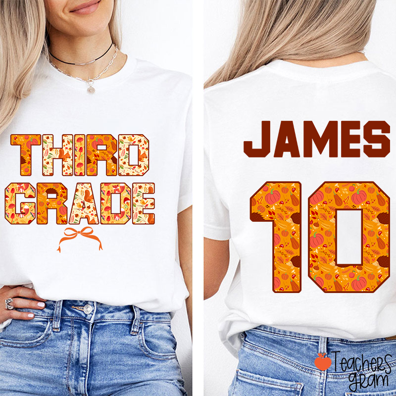 Personalized Grade And Name Autumn Pumpkin Leaves Teacher Two Sided T-Shirt