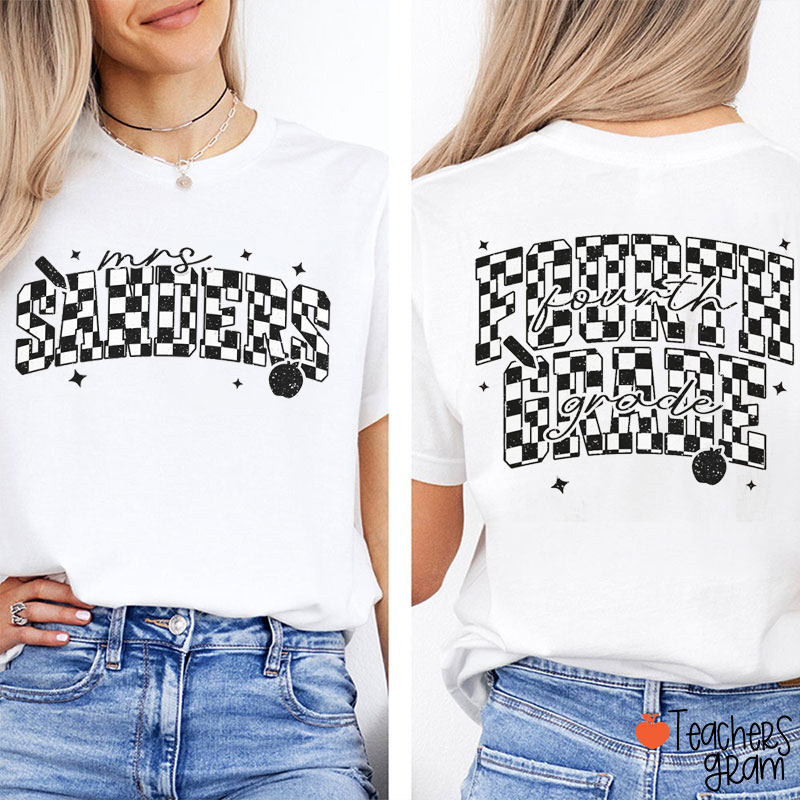 Personalized Grade And Name Checkerboard Teacher Two Sided T-Shirt