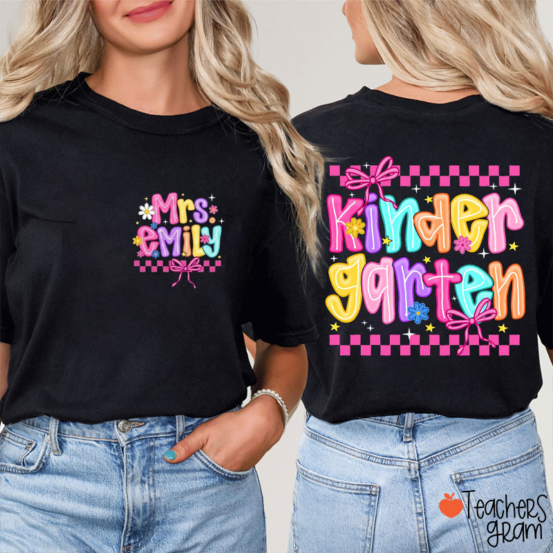 Personalized Grade And Name Checkered Bow Teacher Two Sided T-Shirt