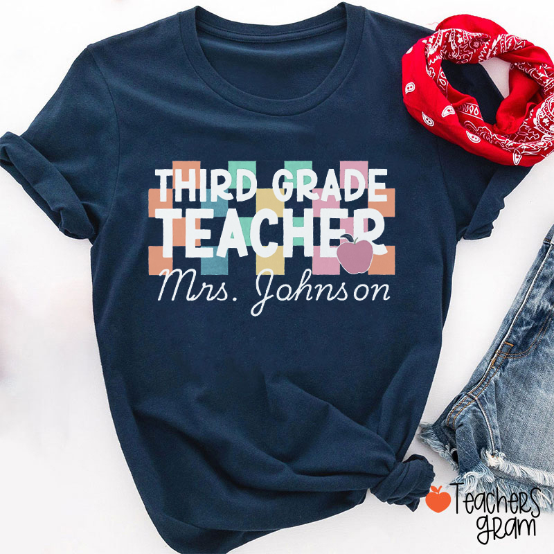 Personalized Grade And Name Colored Checkered Teacher T-Shirt