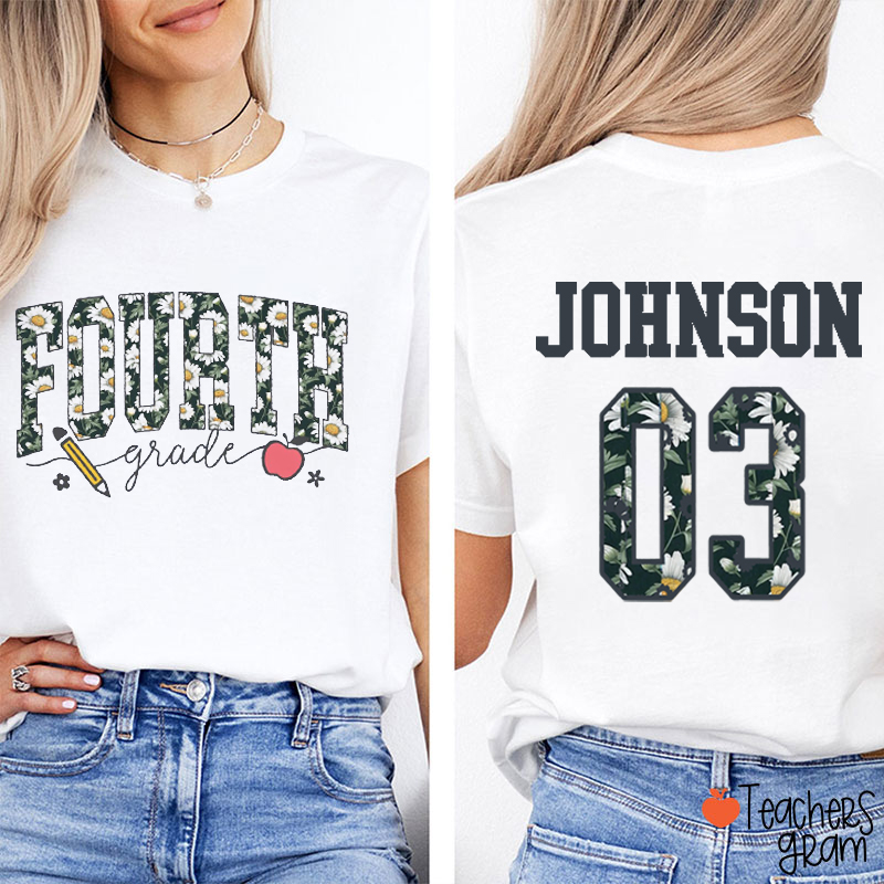 Personalized Grade And Name Daisy Teacher Two Sided T-Shirt