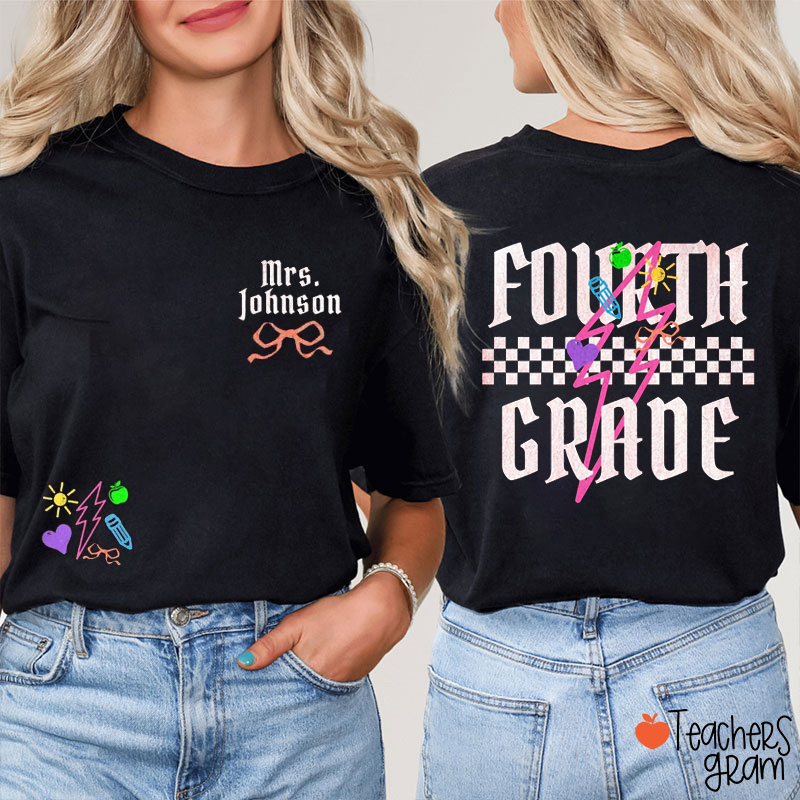 Personalized Grade And Name Lightning Checkered Teacher Two Sided T-Shirt