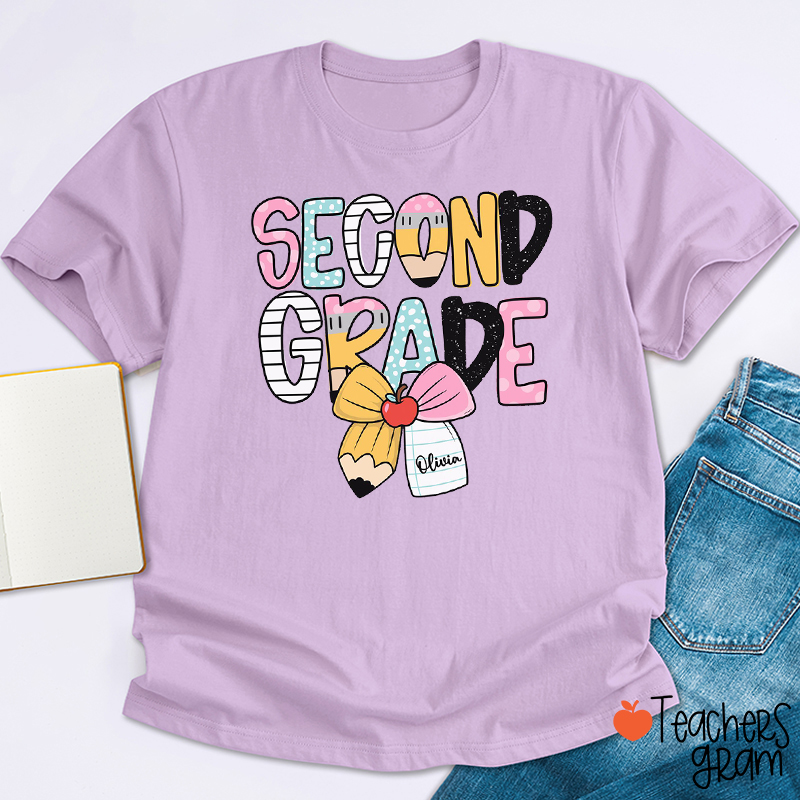 Personalized Grade And Name Pencil Bow Apple Teacher T-Shirt