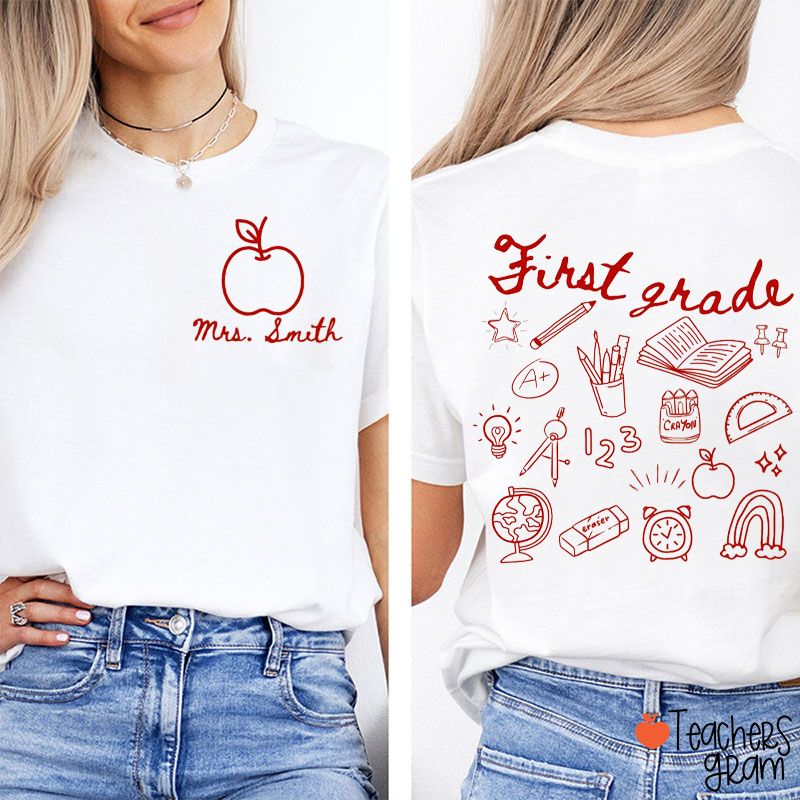 Personalized Grade And Name Stick Figure Study Stuff Teacher Two Sided T-Shirt