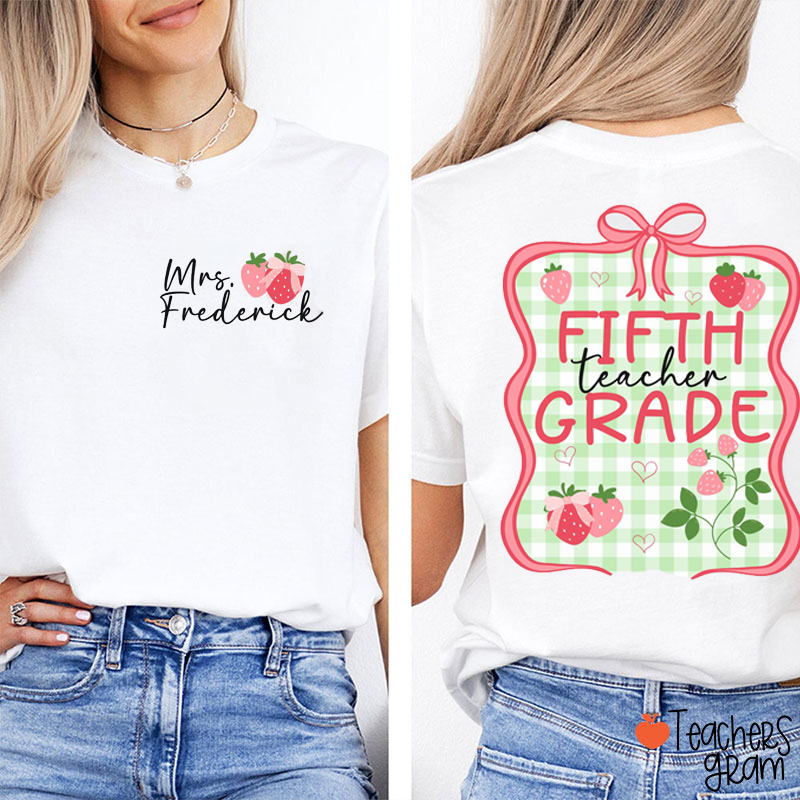 Personalized Grade And Name Strawberry Checkered Teacher Two Sided T-Shirt