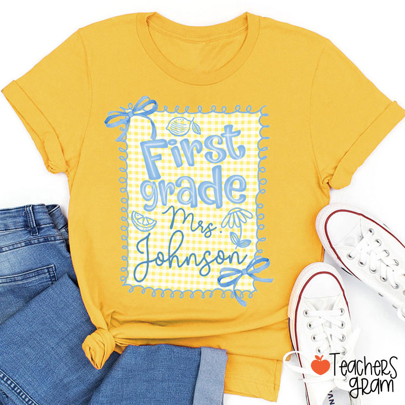 Personalized Grade And Name Yellow Checkered Teacher T-Shirt