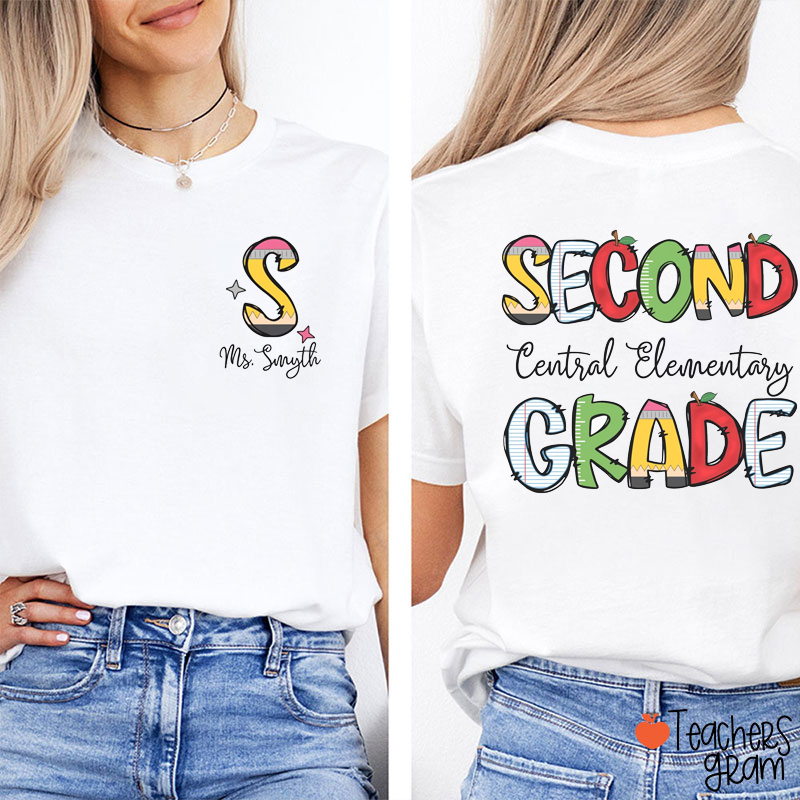 Personalized Grade Name And School Name Pencil Ruler Notebook Teacher Two Sided T-Shirt