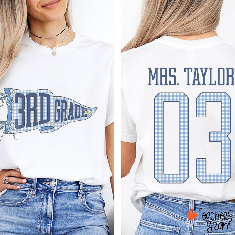 Personalized Grade Pennant Blue Gingham Teacher Two Sided T-Shirt