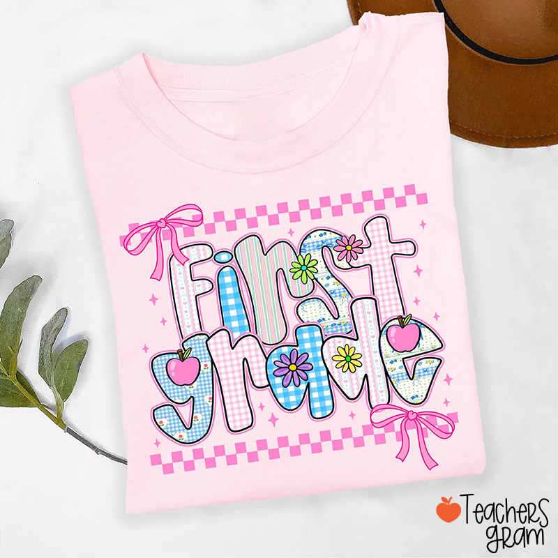 Personalized Grade Pink Checkered Bow Teacher T-Shirt
