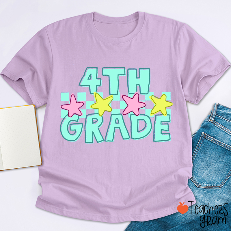 Personalized Grade Star Checkered Teacher T-Shirt