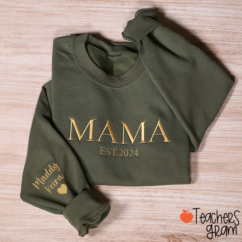 Personalized Mama Embroidered Teacher Embroidered Sleeve Sweatshirt