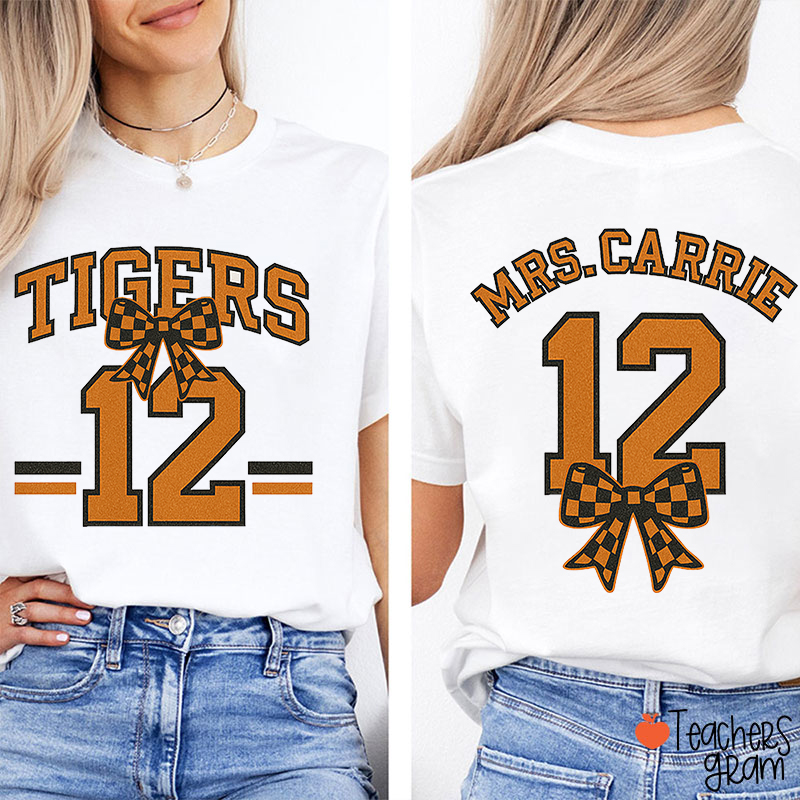 Personalized Mascot Checkered Bow Teacher Two Sided T-Shirt