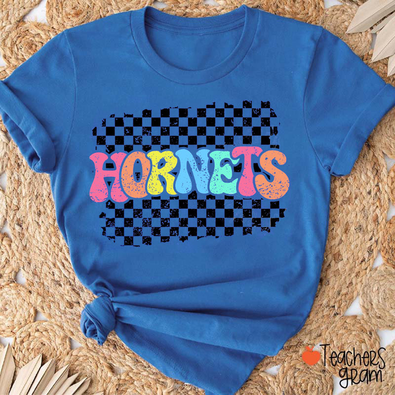 Personalized Mascot Checkered Print School Spirit Teacher T-Shirt