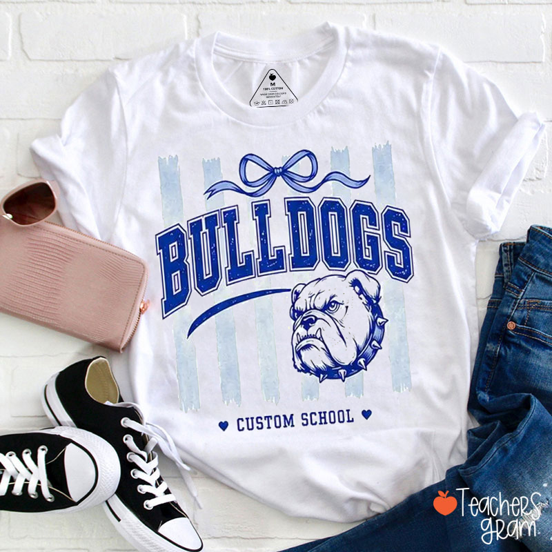 Personalized Mascot Coquette Bow Striped Teacher T-Shirt