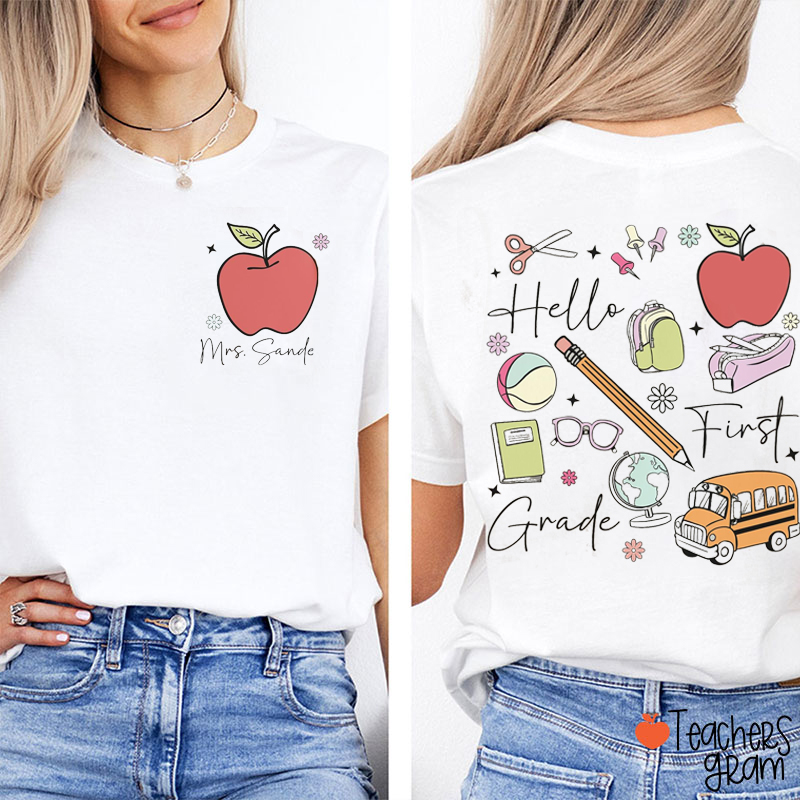 Personalized Name And Grade Apple Teacher Two Sided T-Shirt