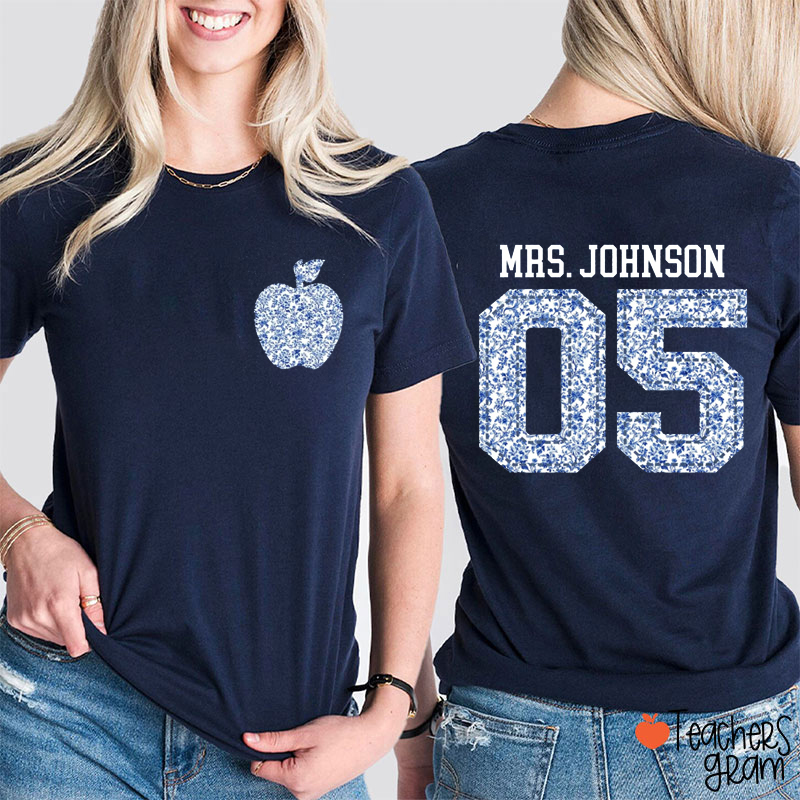 Personalized Name And Grade Blue And White Porcelain Teacher Two Sided T-Shirt