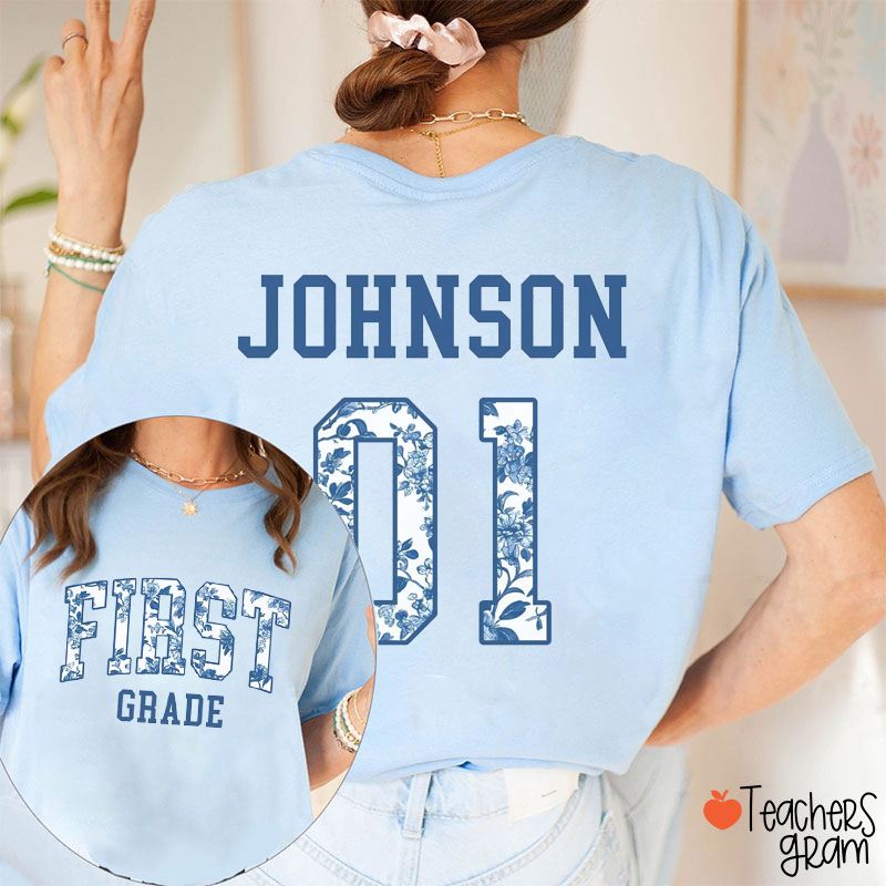 Personalized Name And Grade Blue And White Porcelain Teacher Two Sided T-Shirt