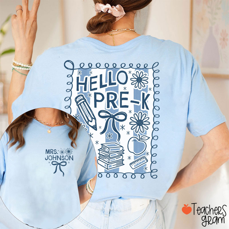 Personalized Name And Grade Blue And White Stripes Teacher Two Sided T-Shirt