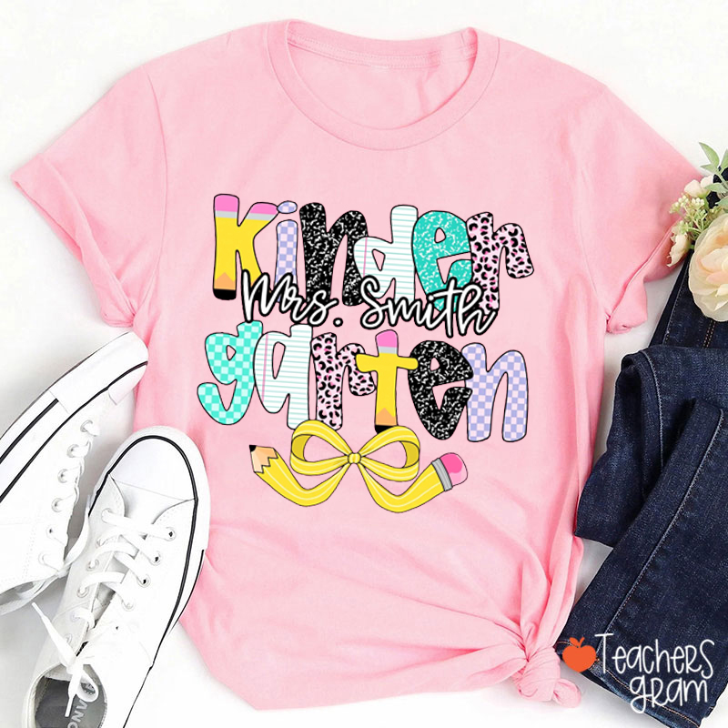 Personalized Name And Grade Pencil Bow Teacher T-Shirt
