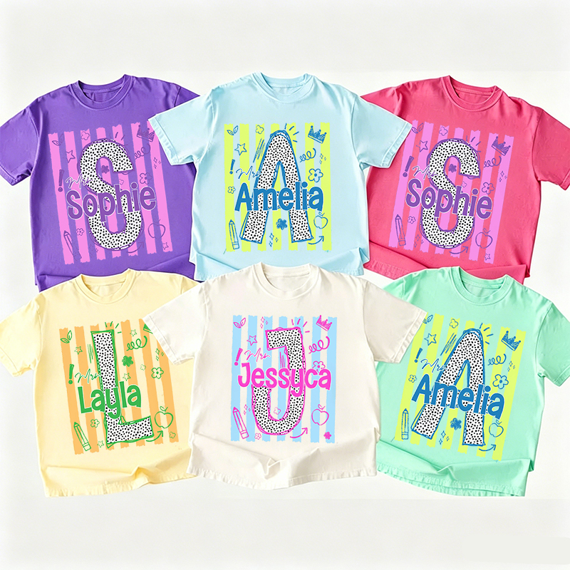 Personalized Name And Initial Polka Dot Preppy Stripes Teacher T-Shirt