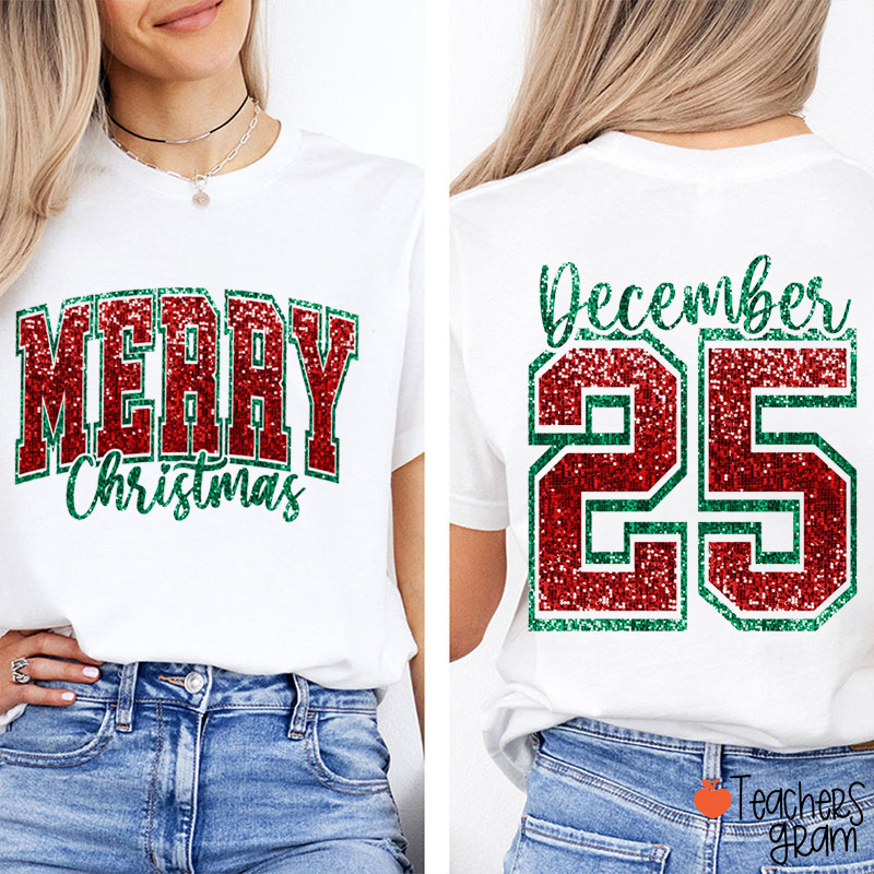 Personalized Name And Number Glitter Merry Christmas Teacher Two Sided T-Shirt