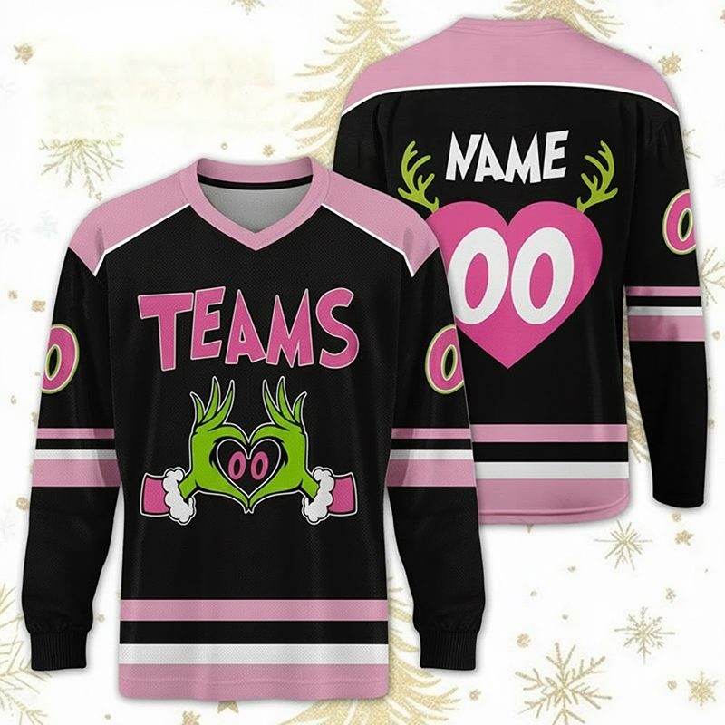 Personalized Name And Number Green Hand Heart Reindeer Antlers Teacher Long Sleeve Jersey