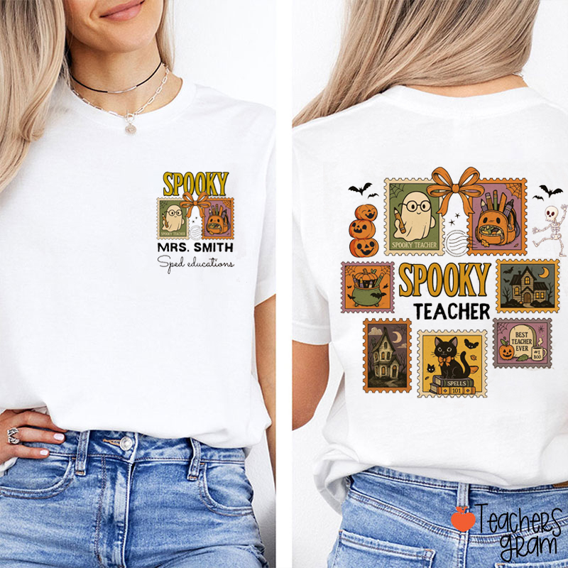 Personalized Name And Suject Spooky Teacher Two Sided T-Shirt