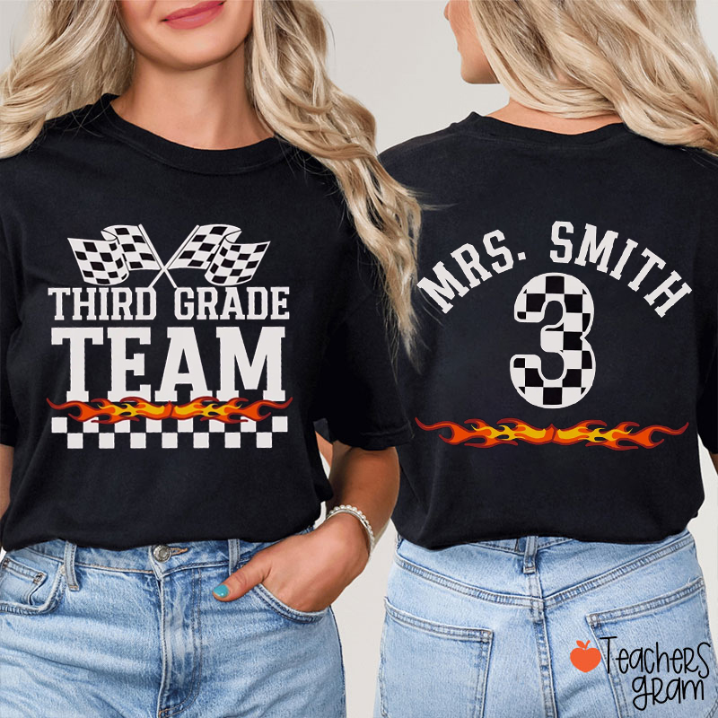 Personalized Name Ang Grade Flame Checkered Teacher Two Sided T-Shirt