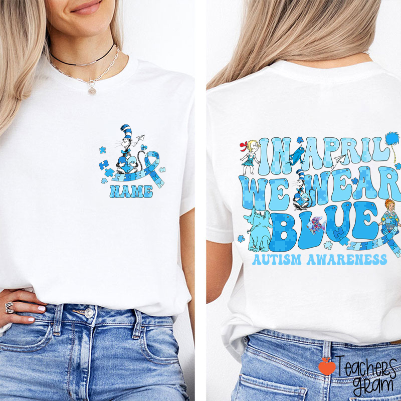 Personalized Name Autism Awareness Cartoon Characters Teacher Two Sided T-Shirt
