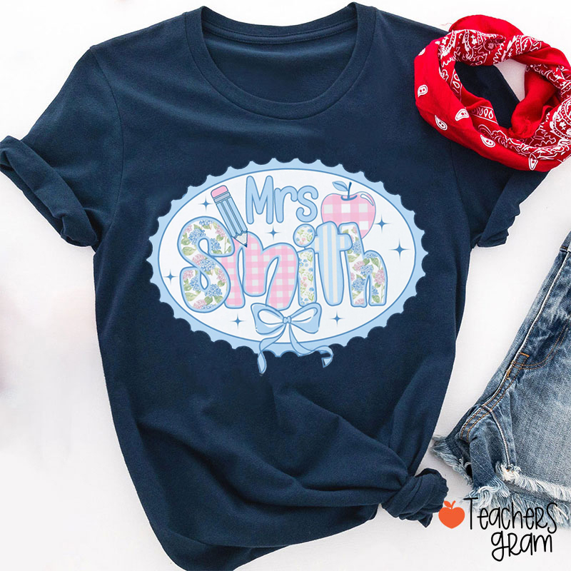 Personalized Name Blue Bow Flowers Font Teacher T-Shirt