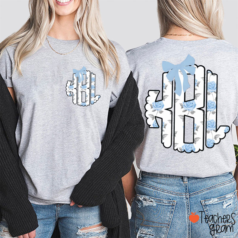 Personalized Name Blue Rose Monogram Teacher Two Sided T-Shirt