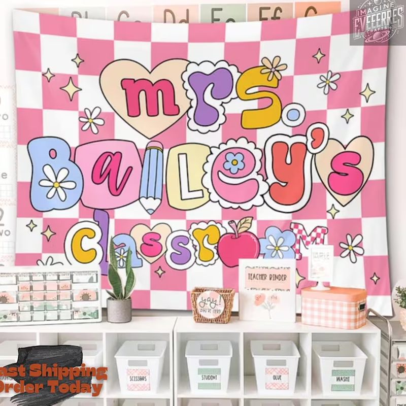 Personalized Name Checkerboard Pink Heart Flower Star Pencil Teacher Classroom Tapestry