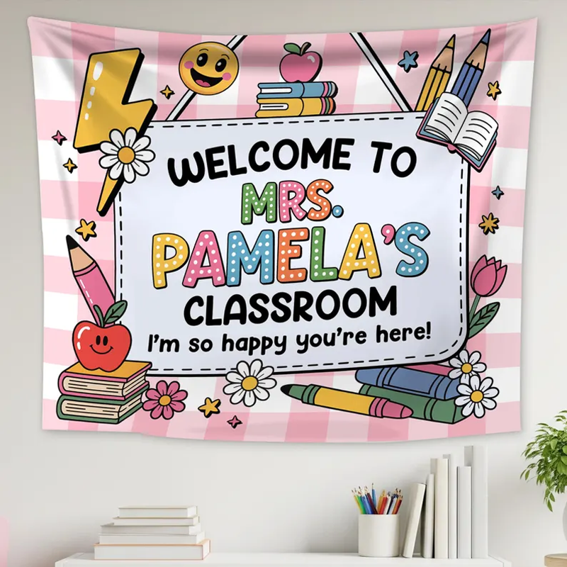 Personalized Name Classroom Plaid Message Board Stationery Apple Flower Teacher Classroom Tapestry
