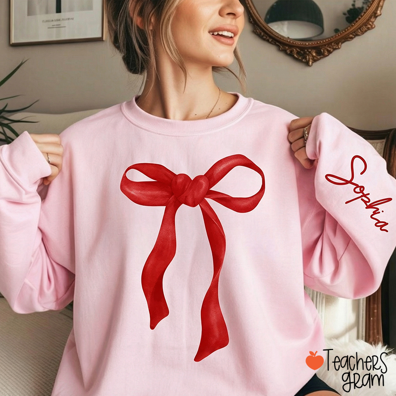 Personalized Name Coquette Bow Valentine Teacher Sleeve Print Sweatshirt
