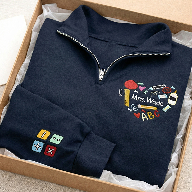 Personalized Name Embroidered Heart Math Teacher Quarter Zip Sweatshirt